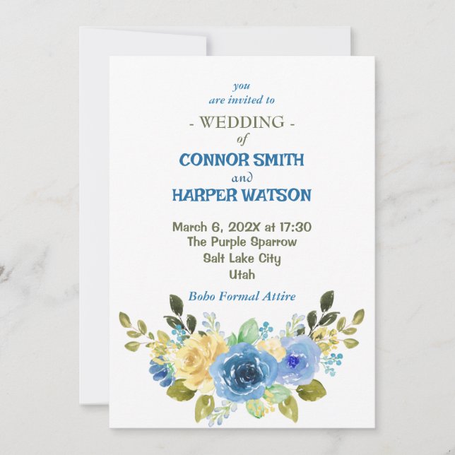 Invitación a la boda floral amarilla y azul turbio (Anverso)