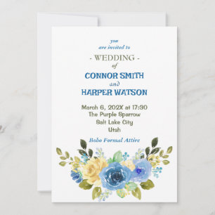 Invitación a la boda floral amarilla y azul turbio