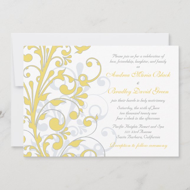 Invitación a la boda floral amarilla y blanca gris (Anverso)