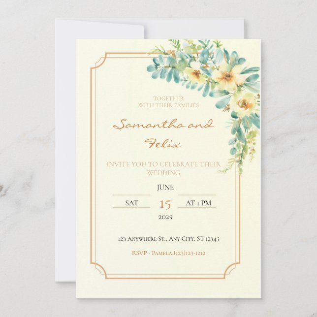 Invitación a la boda floral amarilla y dorada (Anverso)