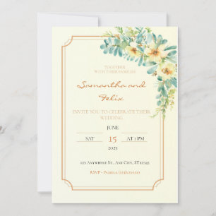 Invitación a la boda floral amarilla y dorada