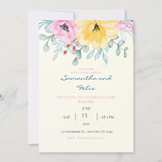 Invitación a la boda floral amarilla y rosa (Anverso)