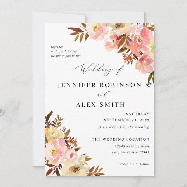 Invitación a la boda floral amarilla y rosa dulce (Anverso)