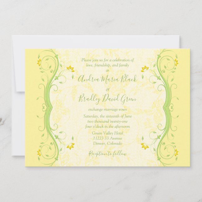Invitación a la boda floral amarilla y verde (Anverso)