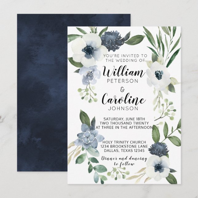 Invitación a la boda floral anémica azul (Anverso / Reverso)