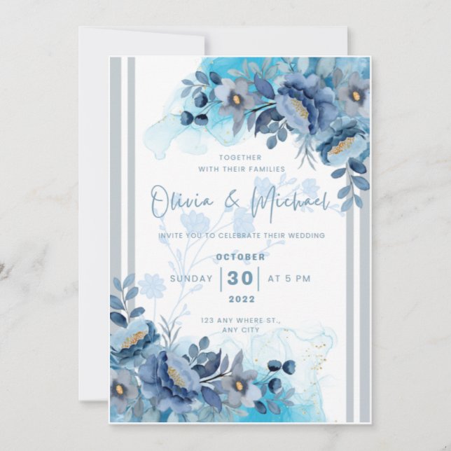 Invitación a la boda floral azul (Anverso)