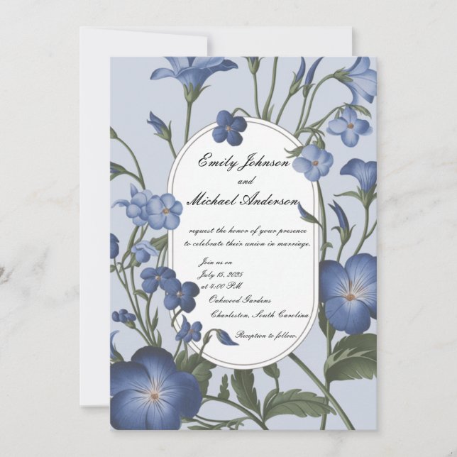 Invitación a la boda floral azul (Anverso)