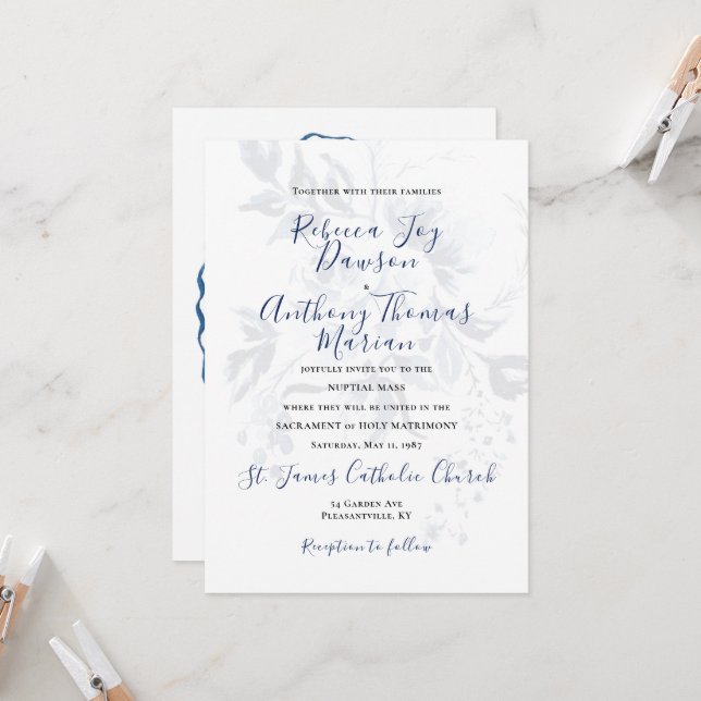 Invitación a la boda floral azul (Anverso/Reverso In Situ)