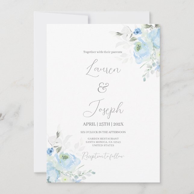 Invitación a la boda floral azul (Anverso)