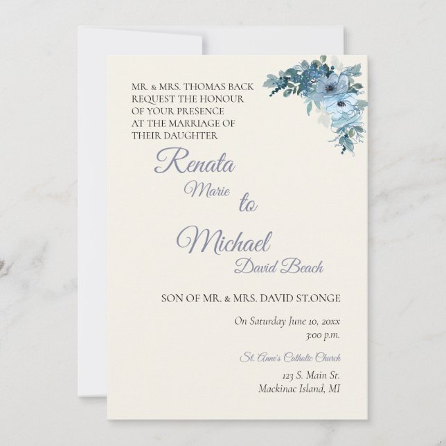 Invitación a la boda floral azul (Anverso)
