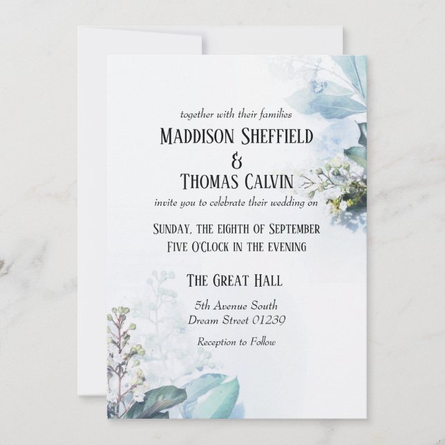 Invitación a la boda floral azul (Anverso)