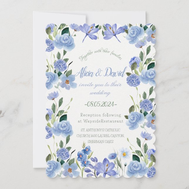 Invitación a la Boda Floral Azul. (Anverso)