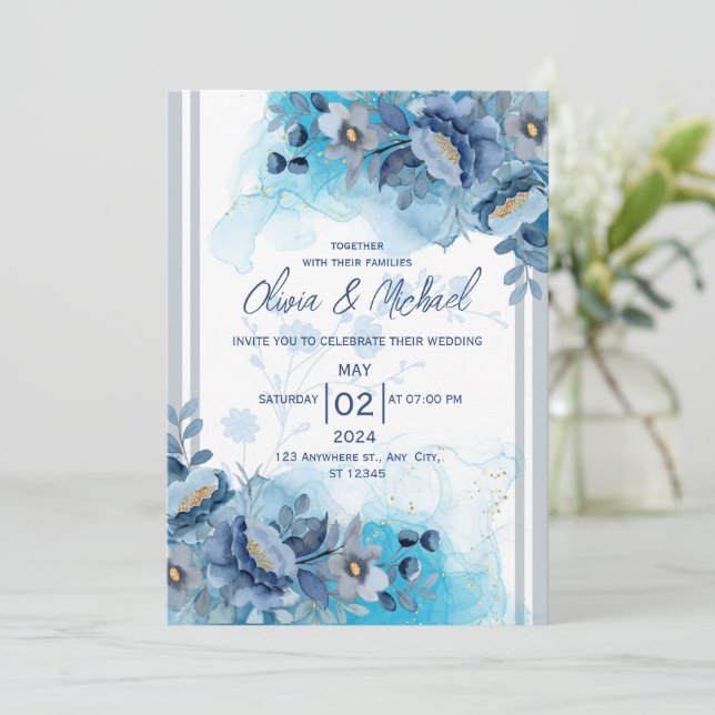 Invitación a la boda floral azul (Anverso de pie)