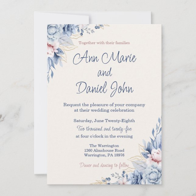 Invitación a la boda floral azul (Anverso)