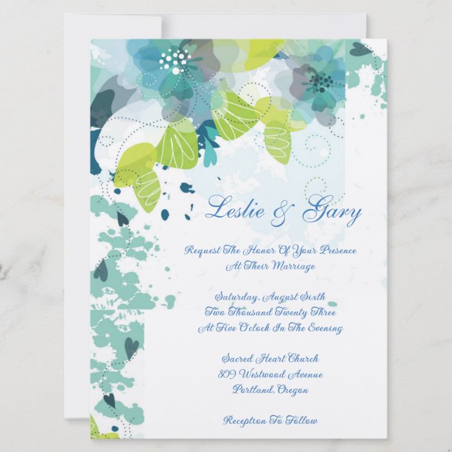 Invitación a la boda floral azul (Anverso)