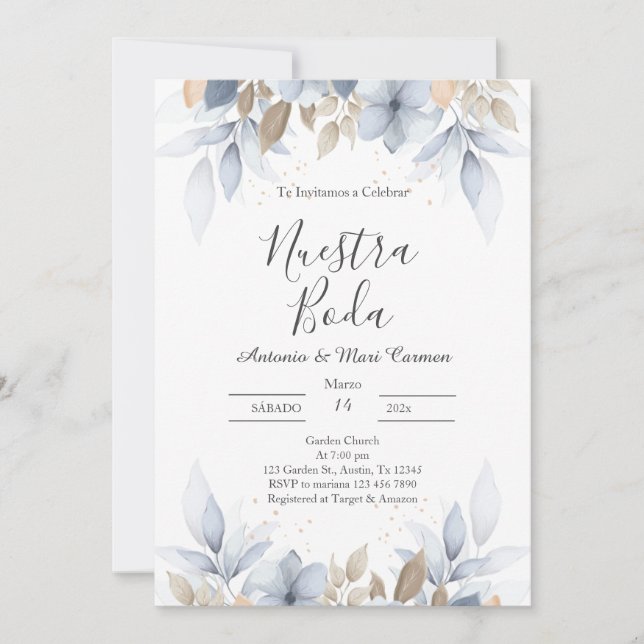 Invitación a la boda floral azul (Anverso)