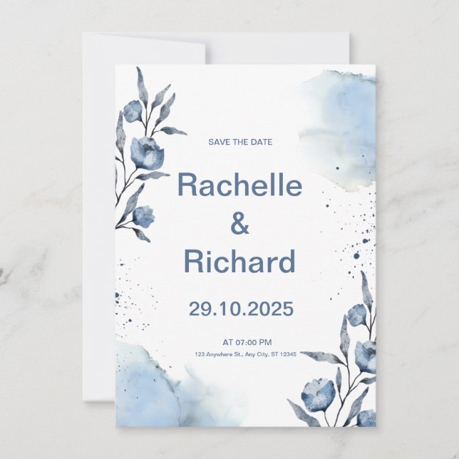 Invitación a la boda floral azul (Anverso)