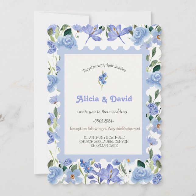 Invitación a la Boda Floral Azul. (Anverso)