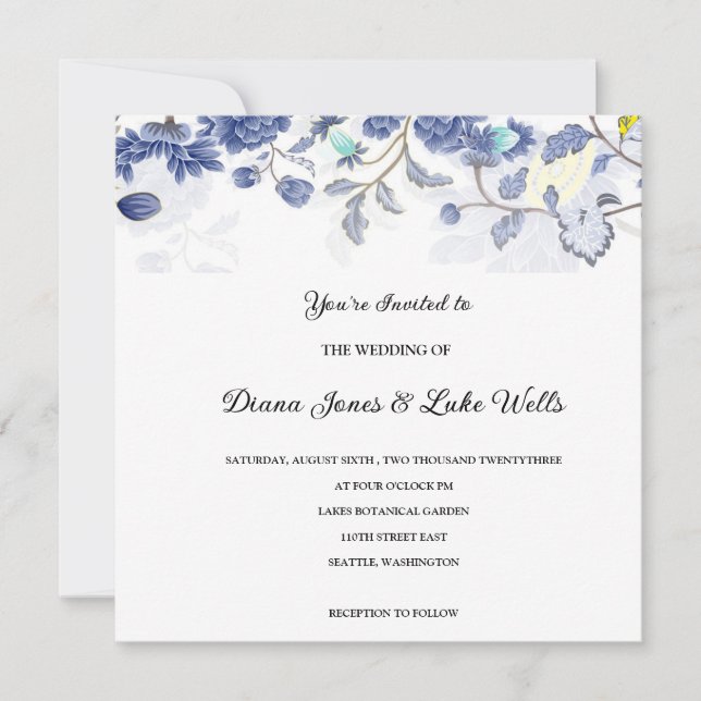 Invitación a la boda floral azul (Anverso)