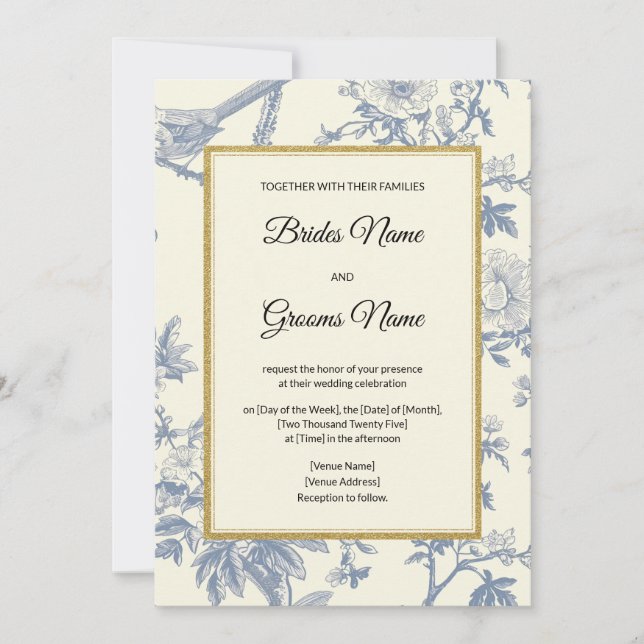 Invitación a la boda floral azul (Anverso)