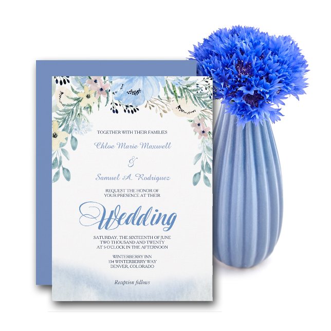 Invitación a la boda floral azul acuarela (Subido por el creador)