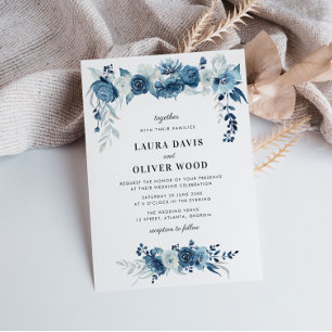 Invitación a la boda floral azul celeste de luna p