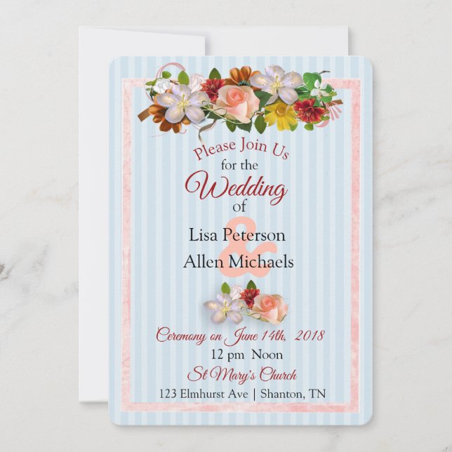 Invitación a la boda floral azul de Borgoña Rosa (Anverso)