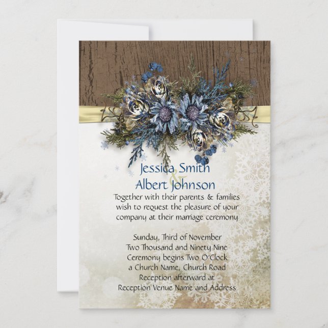 Invitación a la boda floral azul de la cinta dorad (Anverso)