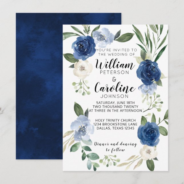 Invitación a la boda floral azul de la marina (Anverso / Reverso)