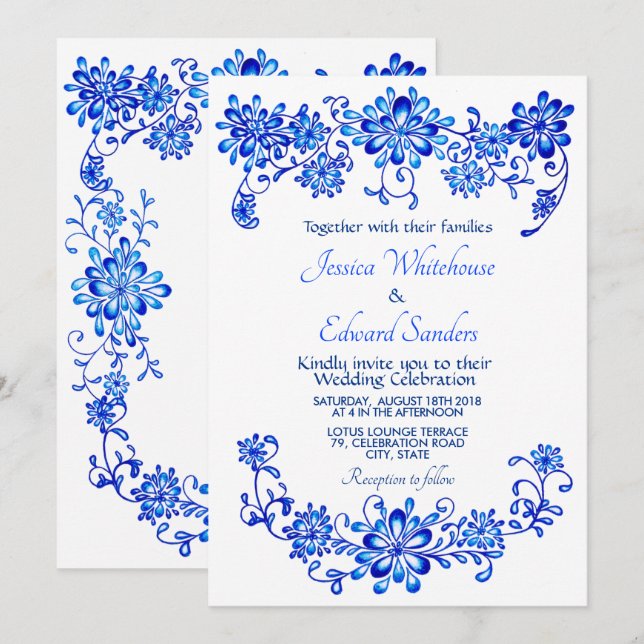 Invitación a la boda floral azul de la marina (Anverso / Reverso)