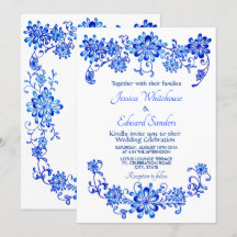 Invitación a la boda floral azul de la marina