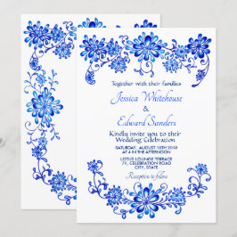Invitación a la boda floral azul de la marina