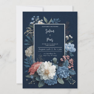 Invitación a la boda floral azul de la Marina