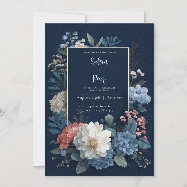 Invitación a la boda floral azul de la Marina (Anverso)