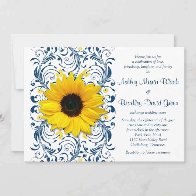 Invitación a la boda floral azul de la Marina del  (Anverso)