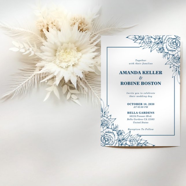 Invitación a la boda floral azul de la Marina mode (Subido por el creador)