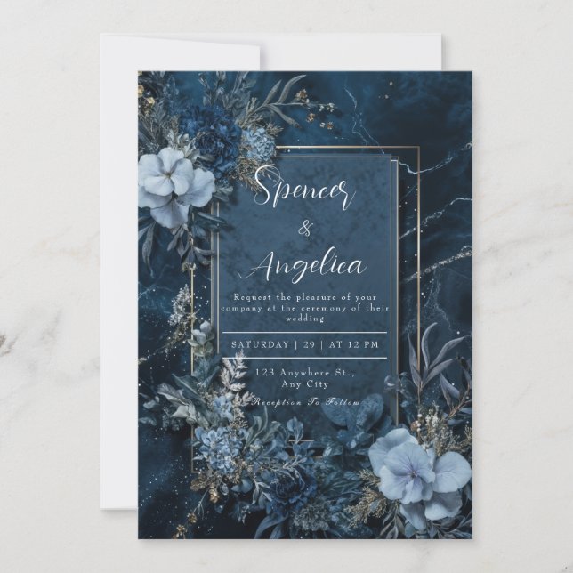 Invitación a la boda floral azul de la Marina Mood (Anverso)
