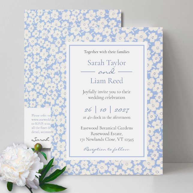 Invitación a la boda floral azul de moda y RSVP (Subido por el creador)