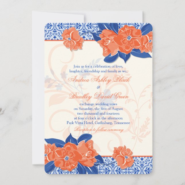 Invitación a la boda floral azul de naranja (Anverso)
