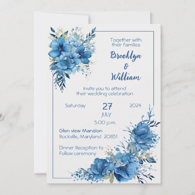 Invitación a la boda floral azul de Sapphire Elega (Anverso)