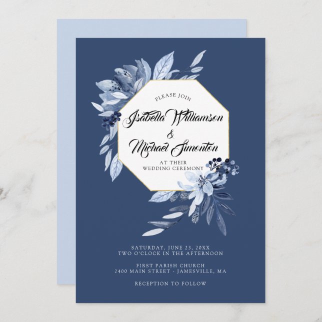 Invitación a la boda floral azul del índigo Garden (Anverso / Reverso)