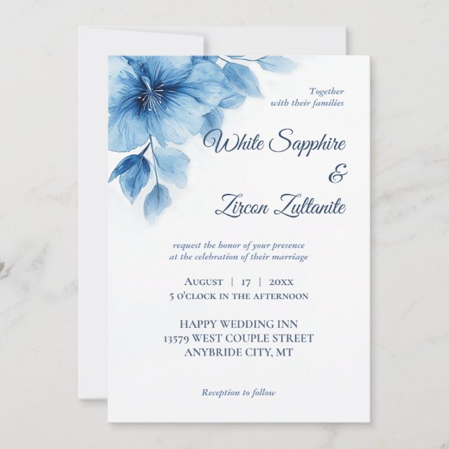 Invitación a la Boda Floral Azul Elegante (Anverso)