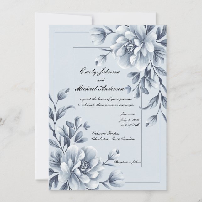 Invitación a la Boda Floral Azul Elegante (Anverso)