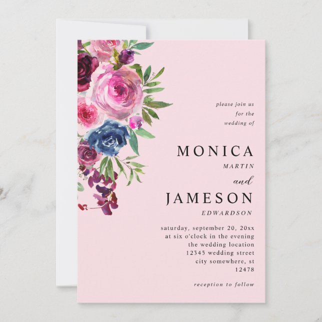 Invitación a la Boda Floral Azul Marítima y Rosa C (Anverso)