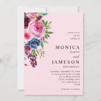 Invitación a la Boda Floral Azul Marítima y Rosa C