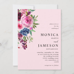 Invitación a la Boda Floral Azul Marítima y Rosa C