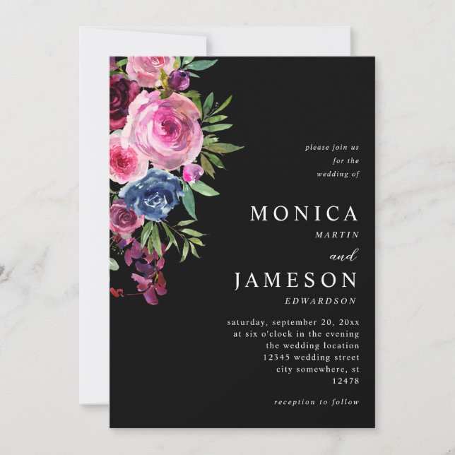 Invitación a la Boda Floral Azul Marítima y Rosa C (Anverso)
