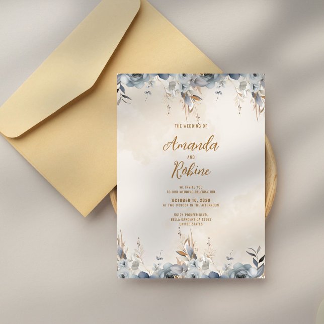 Invitación a la boda floral azul moderna (Subido por el creador)