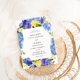 Invitación a la boda floral azul morada y amarilla