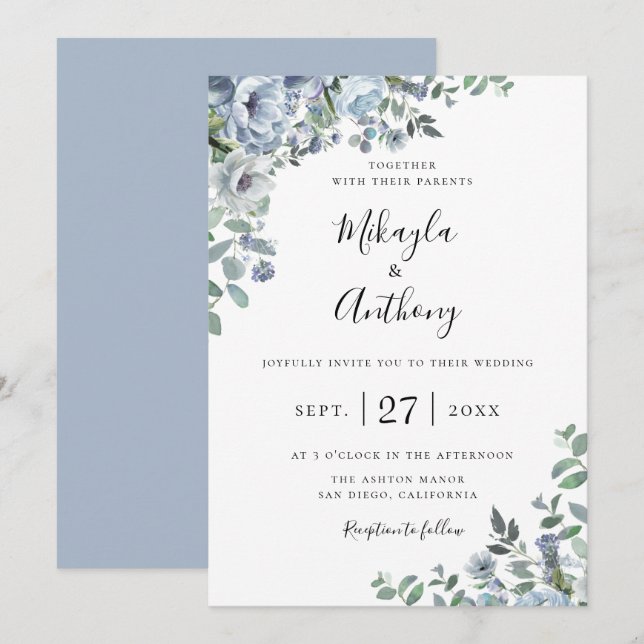 Invitación a la Boda Floral Azul Polvo (Anverso / Reverso)